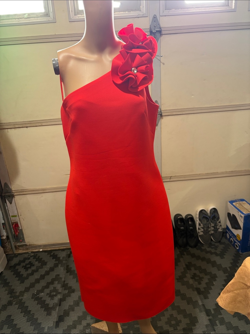Eliza J One-Shoulder Red Floral Applique Dress